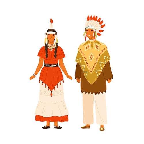 Couple of native americans wearing traditional costumes. Female character in national dress. Male person in feather headdress and poncho. Flat vector illustration isolated on white.