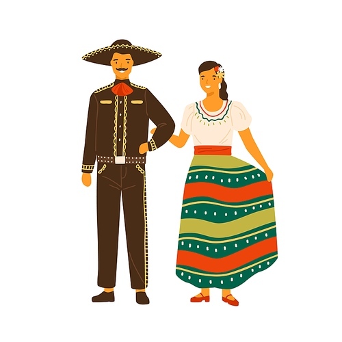 Mexican woman and man wearing traditional costumes. Male person in national hispanic suit and sombrero. Female character in ornamented skirt. Flat vector illustration isolated on white.