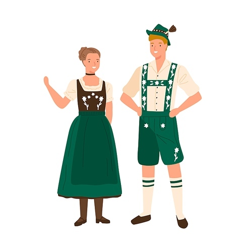 German couple wearing traditional bavarian costumes. Man in national folk shorts, suspenders and hat. Woman in ornamented dress decorated with embroidery. Flat vector illustration isolated on white.