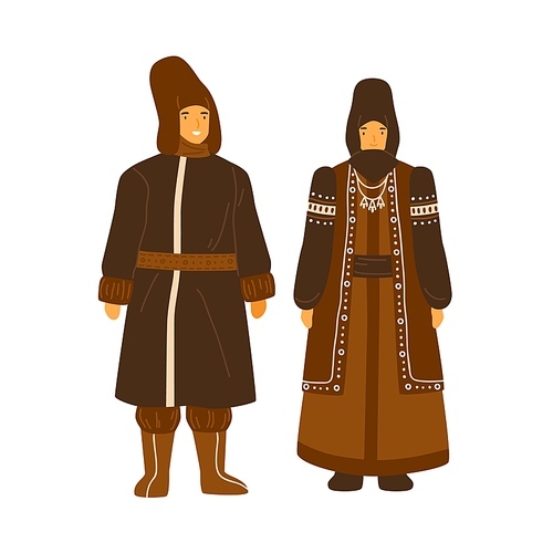Couple from Yakutia or Sakha Republic wearing national winter costume. Female character in traditional coat and headdress. Man in yakut hat and garment. Flat vector illustration isolated on white.