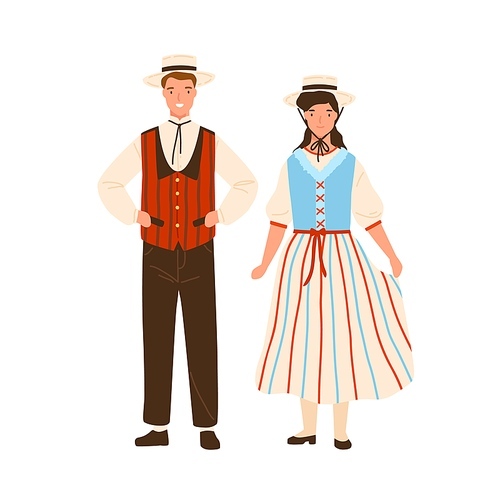 Swiss couple wearing traditional striped costumes. Man in national folk waistcoat and hat. Woman in dress with corset. Flat vector illustration of people from Switzerland isolated on white.
