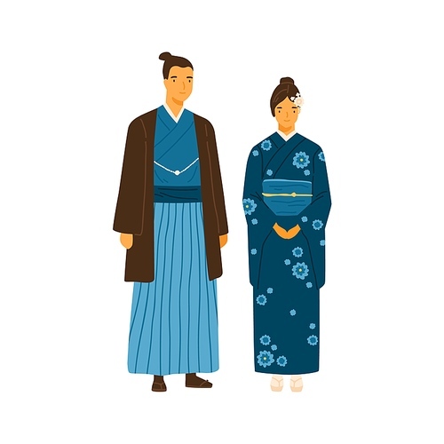 Japanese couple wearing traditional costumes. Man and woman in decorated national clothes yukata and hakama. Young family from japan in folk dress. Flat vector illustration isolated on white.