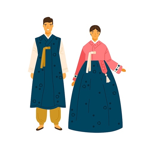 Korean couple wearing traditional costumes. Female character in decorated national dress hanbok. Man from Korea in folk festive clothes. Flat vector cartoon illustration isolated on white.