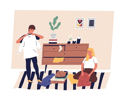 Family couple sorting, folding and organizing clothes. Scene of husband and wife doing cleanup or housework together. Cheerful people arranging clothing in room. Flat vector cartoon illustration.