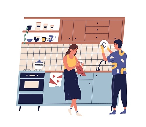Family washing and rubbing dishes in the kitchen. Scene of young couple everyday routine, home cleanup. Flat vector cartoon illustration of husband and wife doing housework together.