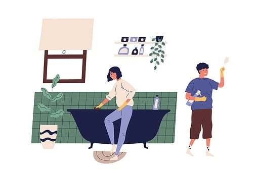 Family doing housework together. Scene of daily routine and cleanup. Couple cleaning bathroom. Flat vector cartoon illustration of people in gloves doing household chores, washing bath.