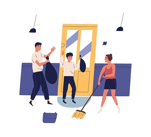 Parents and child doing housework together. Scene of daily routine and cleanup. Family washing floor with mop, taking out garbage. People cleaning hallway. Flat vector cartoon illustration.