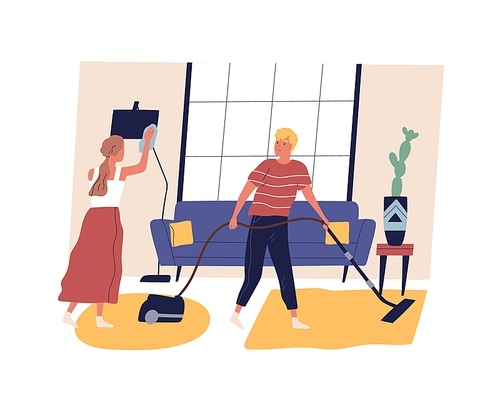 Family doing housework together. Couple daily routine, cleanup or domestic duties. People vacuum floor, wipe and rub the dust. Flat vector cartoon illustration of man and woman doing household chores.