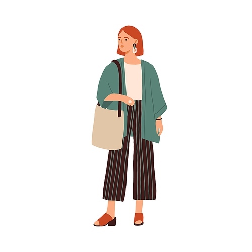 Modern young woman wearing casual clothes. Fashionable outfit. Stylish redhead female in cardigan and culottes isolated on white . Flat colorful vector illustration.