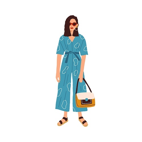 Modern woman wearing fashion outfit. Female in blue jumpsuit and sandals. Fashionable casual look. Model dressed in stylish summer clothes isolated on white . Flat vector illustration.
