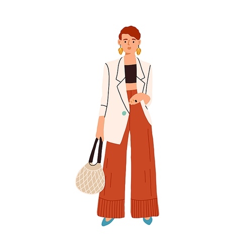 Fashion casual outfit. Modern woman wearing trendy clothes. Fashionable look of stylish female character in loose blazer and wide-leg pants isolated on white . Flat vector illustration.