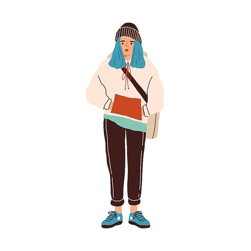 Teen girl with blue colored hair wearing trendy street style outfit. Modern teenager look. Young female in a sweatpants and hoodie. Flat vector illustration isolated on white .