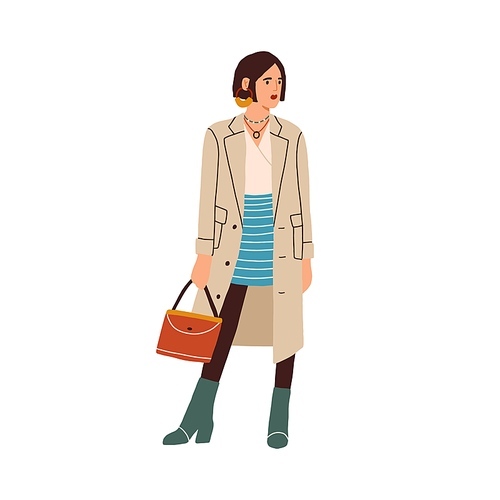 Elegant fashion outfit. Cute stylish and fashionable look of modern woman wearing trendy skirt, coat, boots and accessories isolated on white . Colorful flat vector illustration.