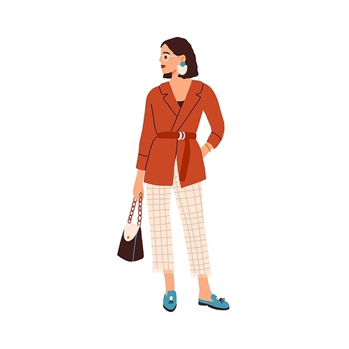 Elegant woman in fashion outfit. Modern female character wearing trendy blazer, checkered ankle-length pants with fringe and stylish accessories. Flat vector illustration isolated on white 