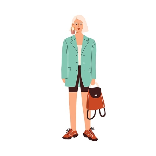 Trendy woman wearing casual outfit. Female in bike shorts and oversized jacket. Fashionable informal look. Model dressed in stylish clothes isolated on white . Flat vector illustration.