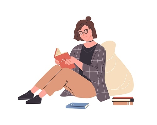 Happy modern young woman reading book sitting on floor. Smart female reader in glasses enjoying literature or studying and preparing for exam. Colorful flat vector illustration.