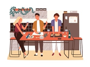 Group of friends or family members cooking dinner and drink wine together vector flat illustration. Happy male and female characters communicate in kitchen while preparing food isolated on white.