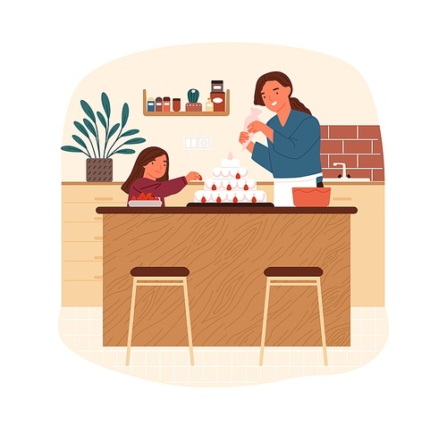 Happy mother and daughter decorate cake with whipped cream and strawberry vector flat illustration. Family cooking delicious dessert together at home kitchen isolated. Parent and kid preparing pastry.