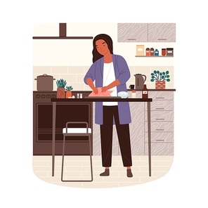 Happy woman cooking turkey in modern kitchen vector flat illustration. Smiling housewife preparing chicken with spices for lunch or dinner isolated. Cute scene with female enjoying culinary.