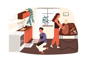 Couple preparing cookies or gingerbread at home kitchen vector flat illustration. Smiling woman making biscuits from dough, man putting them in stove to bake isolated. Family enjoy cooking together.