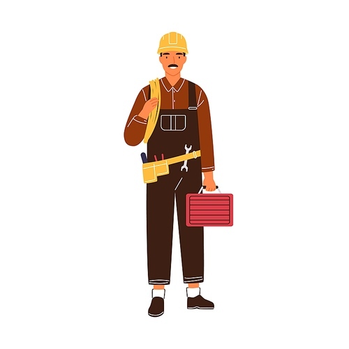 Professional male electrician with toolbox and electrical wire vector flat illustration. Industrial worker or repairman in uniform and hard hat isolated. Smiling lineman holding equipment.