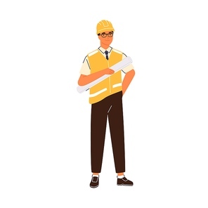 Smiling male construction engineer vector flat illustration. Happy industrial worker in uniform and hard hat holding building plan isolated. Friendly foreman or architect with architectural project.