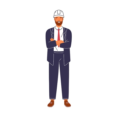 Smiling construction foreman in suit and hard hat vector flat illustration. Portrait of happy male architect or engineer isolated on white . Friendly building executive or manager.