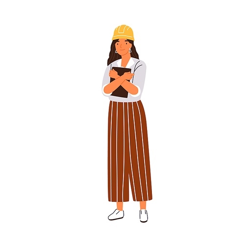 Smiling woman building engineer or architect designer vector flat illustration. Happy female in hard hat holding tablet vector flat illustration. Friendly construction industry worker.