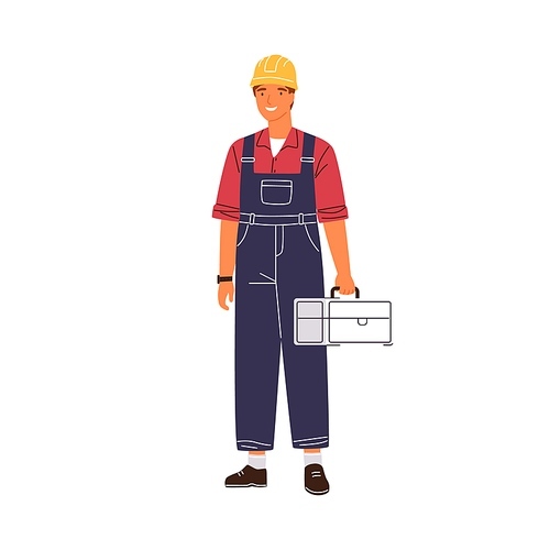 Smiling male industrial worker holding toolbox vector flat illustration. Happy man in uniform and hard hat standing isolated on white. Professional repairman or foreman in overalls with equipment.