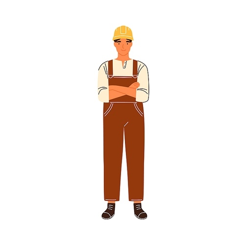 Portrait of male construction worker standing with crossed hands vector flat illustration. Smiling foreman, repairman or builder in overalls and hard hat isolated on white. Male technician employee.