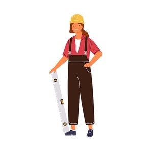 Friendly woman architect holding constructing ruler vector flat illustration. Happy female industrial worker in overalls and hard hat isolated on white. Engineer constructor with equipment.