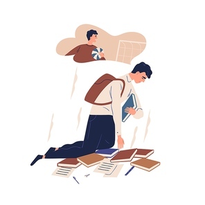 Upset guy dreaming to play football instead of studying. Exhausted teenager suffering for doing homework vector flat illustration. Depressed teen with books isolated. Concept of stress and tiredness.