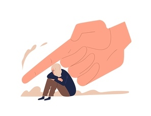 Depressed female teenager sitting under huge hand vector flat illustration. Despair tiny girl victim of control, prohibition, punish and force isolated. Concept of pressure of parents and society.
