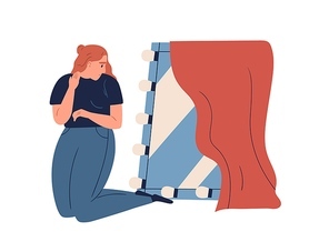 Upset woman looking at reflection in mirror feeling diffidence about appearance and body vector flat illustration. Depressed teen with psychological self acceptance problem. Self doubt concept.