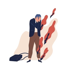 Despaired teenager feeling shame and hopelessness. Depressed man in stressful situation vector flat illustration. Crying male character suffers from bullying. Concept of failure, psychological problem
