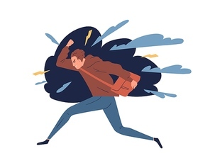 Young man feeling anger, rage. Irritated teen surrounded by lightnings. Concept of negative emotions, aggression and psychological problem. Guy in stressful situation. Flat vector cartoon illustration.