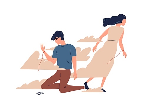 Mother leaving grown up son. Unhappy teen lost emotional connection with parent. Couple breakup, family divorce and relationship problem concept. Vector illustration in flat cartoon style.