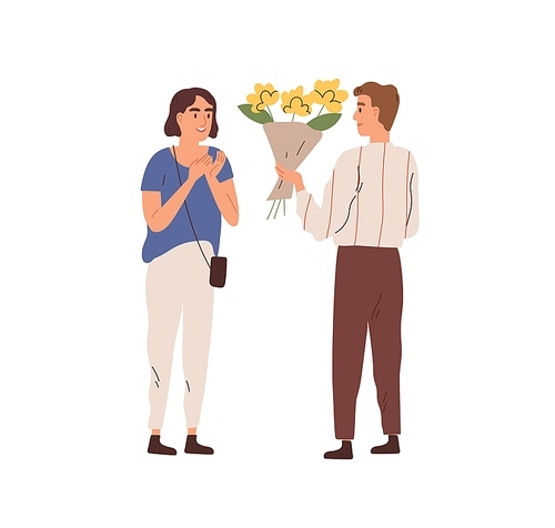 Man giving bouquet of beautiful flowers to woman vector flat illustration. Male admirer making floristic gift or surprise to beautiful female isolated on white. Enamored couple on romantic date.