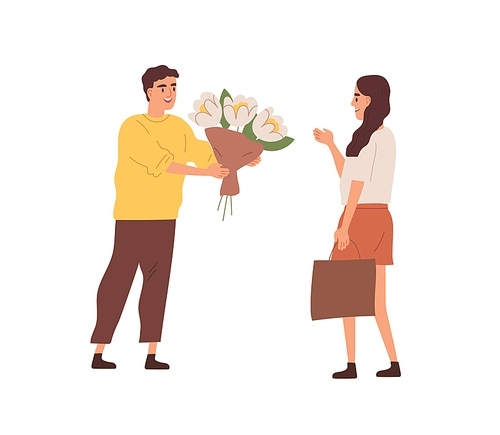 Happy male character giving bouquet of blooming flowers to smiling woman vector flat illustration. Enamored man courtship to beloved girlfriend isolated. Romantic person with gift on date.