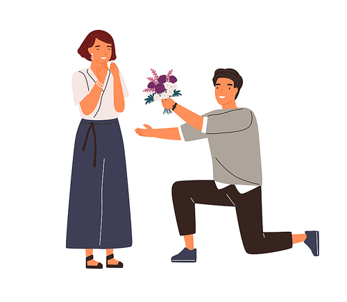 Happy man standing on knee giving beautiful bouquet to woman vector flat illustration. Male admirer give flowers to girlfriend isolated. Romantic surprise on a date. Cute scene with adorable couple.