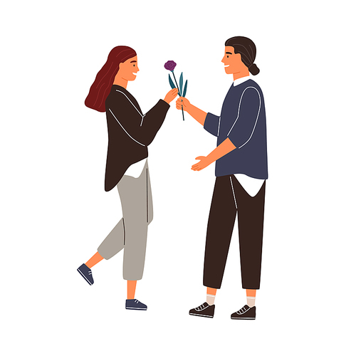 Smiling male adorer giving flower to cute girlfriend vector flat illustration. Happy woman taking gift from man isolated on white. Adorable couple at romantic date. Romantic scene with cute couple.