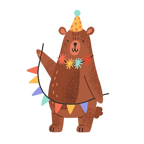 Cute teddy bear wearing party cap and holding garlands. Funny animal cub in scandinavian style celebrating birthday. Flat vector cartoon textured illustration isolated on white .