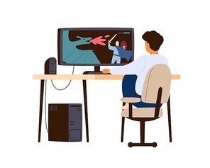 Boy playing computer game at home. Child player sitting at desk and enjoy gaming online. Teenager hobby and leisure activity. Flat vector cartoon isolated illustration.