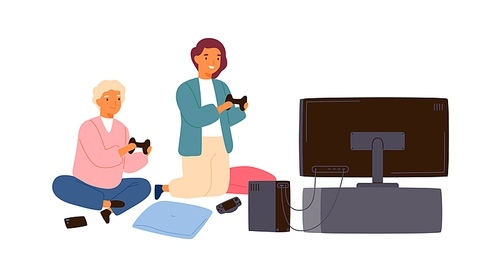 Children playing video game with joysticks at home. Boy and girl gamers spend time together. Teen sister and brother players with gamepads. Flat vector cartoon isolated illustration on white.