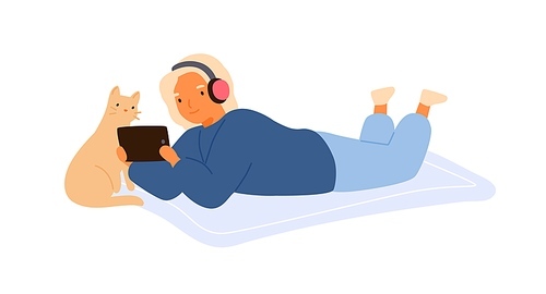 Child in headphones lying on the floor with cute cat and watching movie on tablet together. Cozy home scene with girl relax with lovely kitten. Flat vector cartoon isolated illustration on white