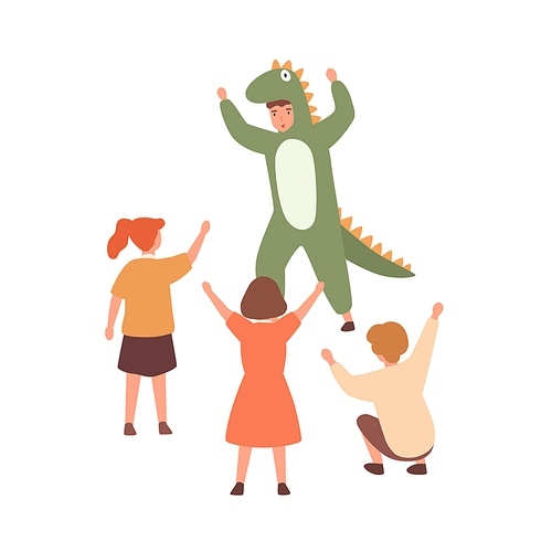 Performance for children with actor wearing cute dinosaur costume. Group of kids playing with animator. Flat vector cartoon illustration isolated on white .