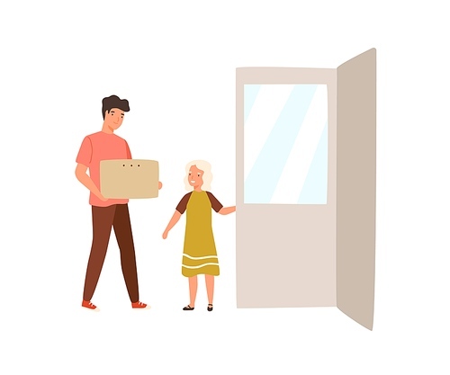 Polite child holding door for adult man carrying box. Courteous kid helping adult. Girl showing good manners, decency and comity. Flat vector cartoon illustration isolated on white .