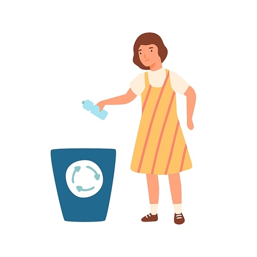 Girl throwing garbage in container. Kid dropping plastic bottle in litter bin. Flat vector cartoon illustration of well mannered child isolated on white .