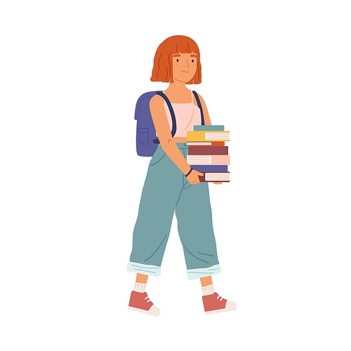 Teenage girl going to school. Pupil with backpack holding pile of books. Student walking and carry studentbooks. Scene of first day or schooling. Flat vector cartoon illustration isolated on white.