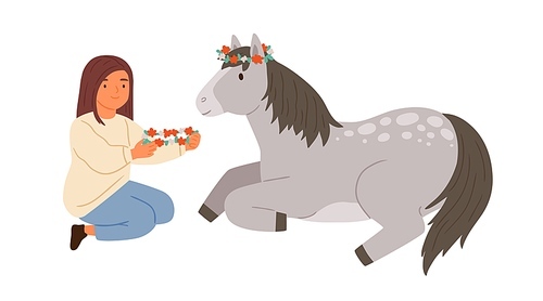 Cute girl and pony wearing wreath of flowers together vector flat illustration. Happy female child taking care of horse isolated on white . Scene of friendship between human and animal.